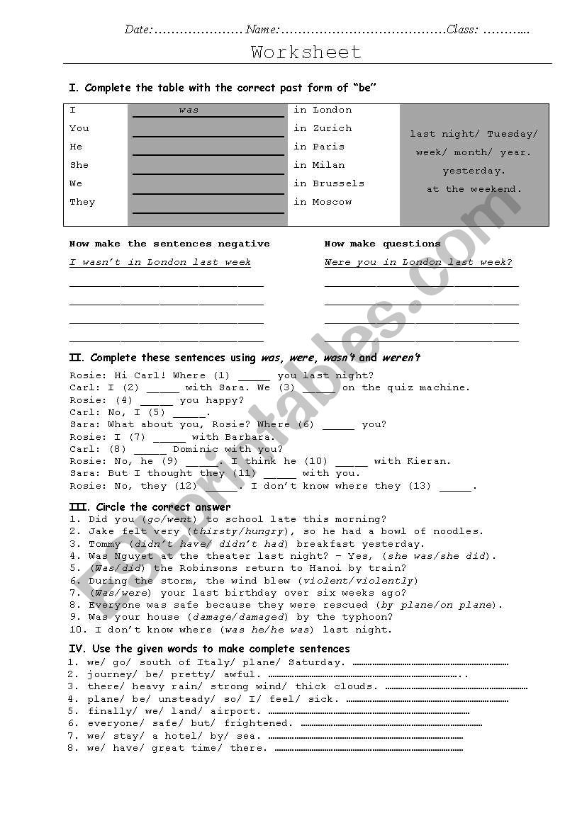 past simple with tobe worksheet