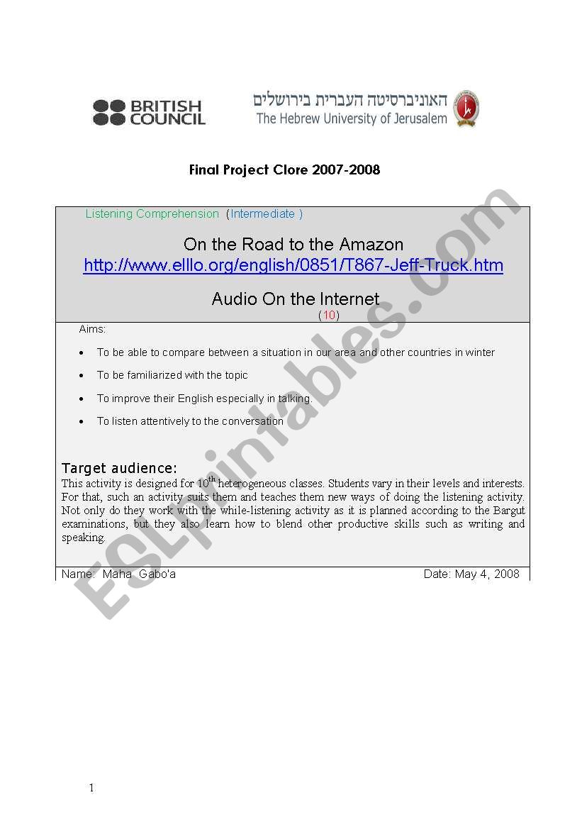 On the Road to the Amazon worksheet