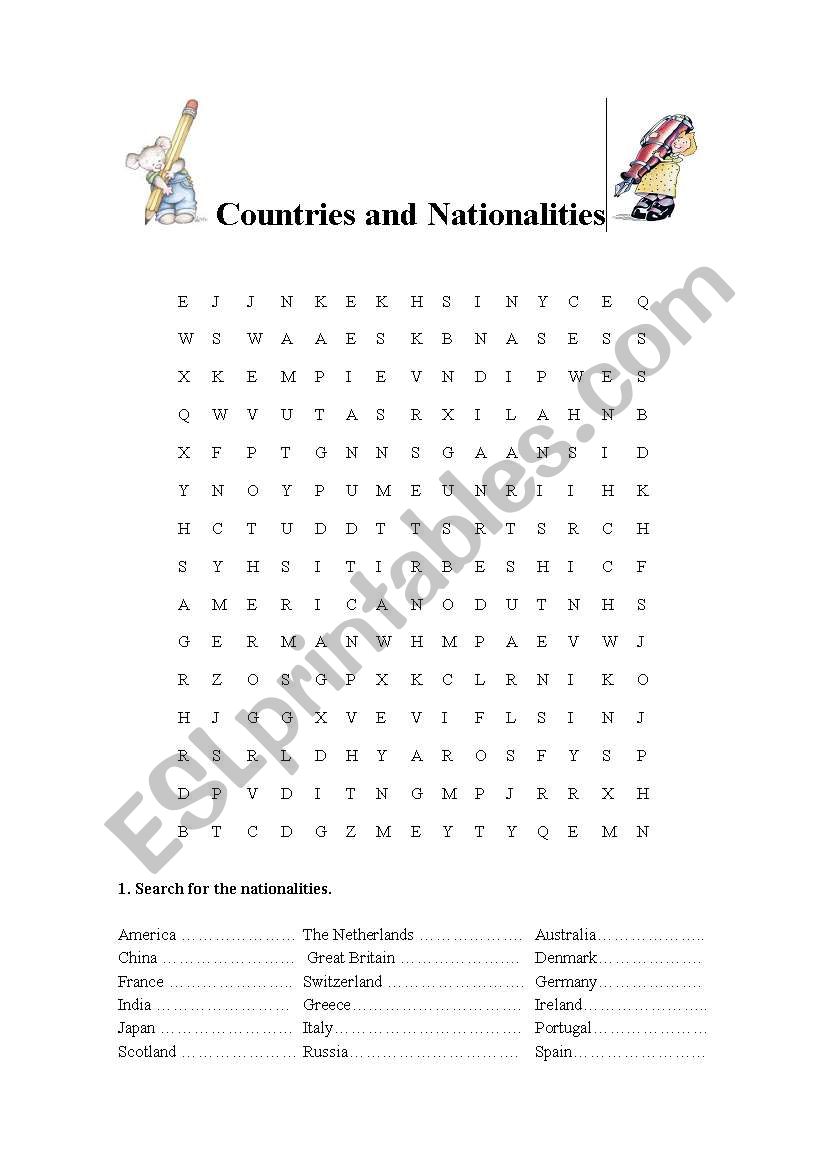 countries and nationalities  worksheet
