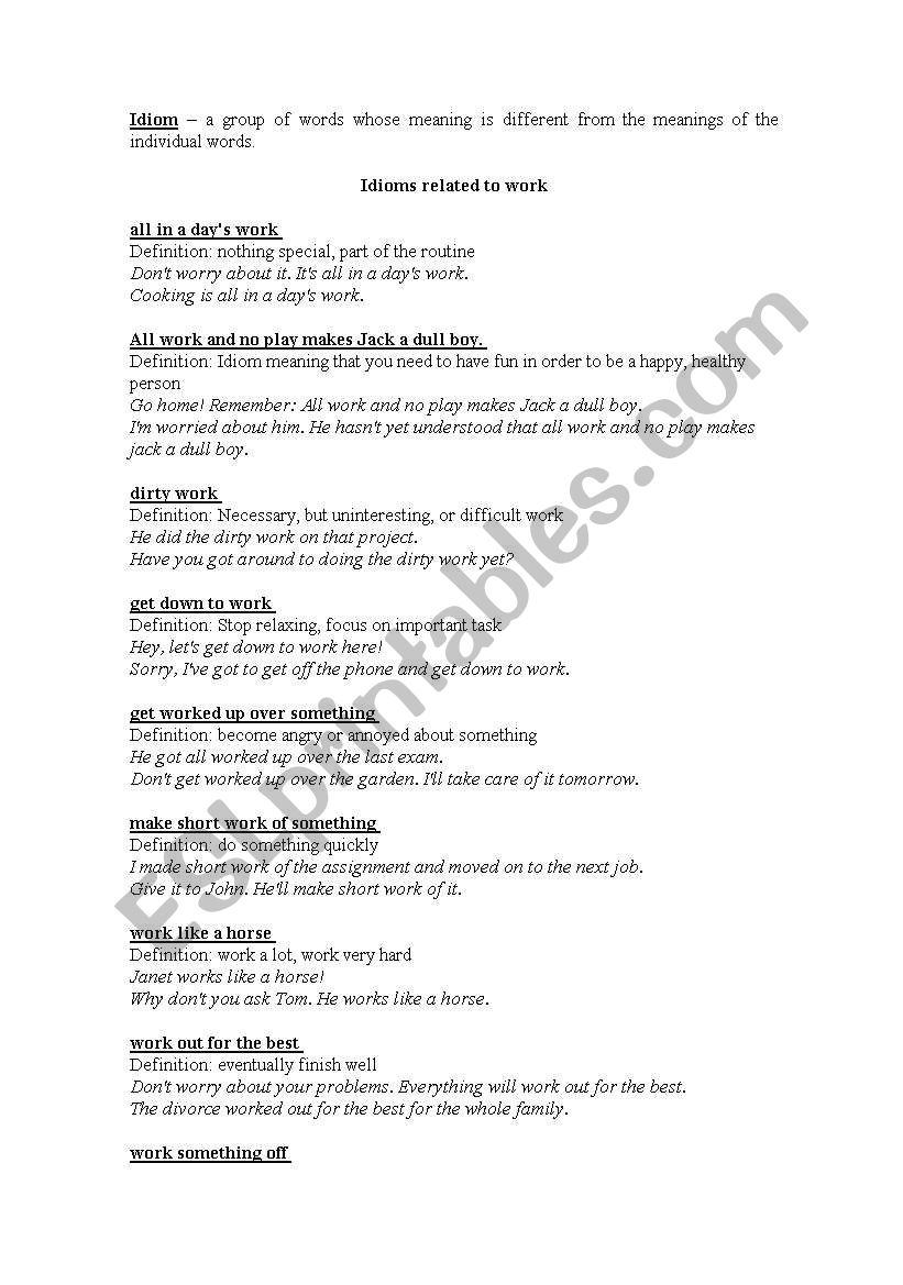 work idioms  worksheet