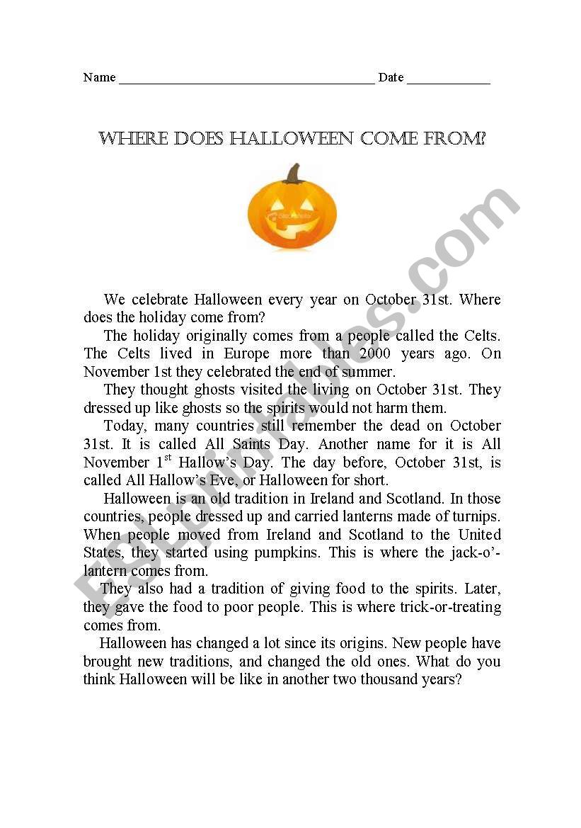HALLOWEEN HISTORY WITH EXERCISES!