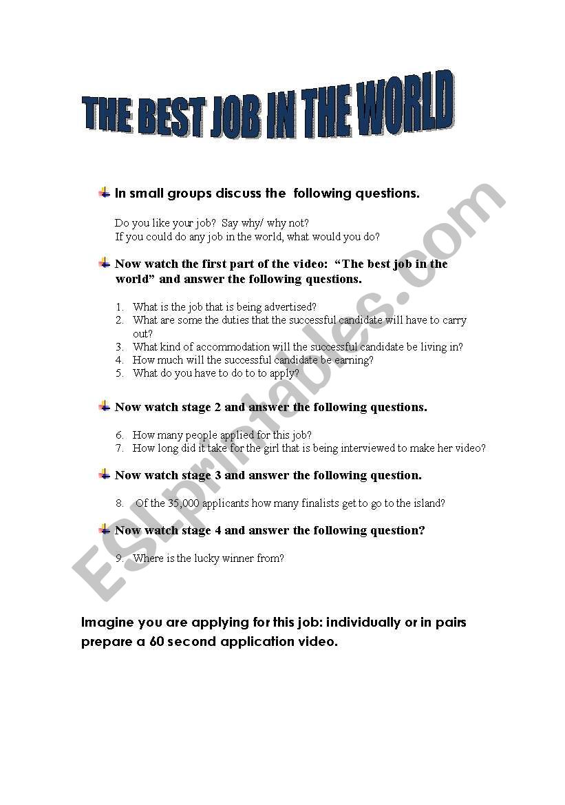 The  best job in the world worksheet
