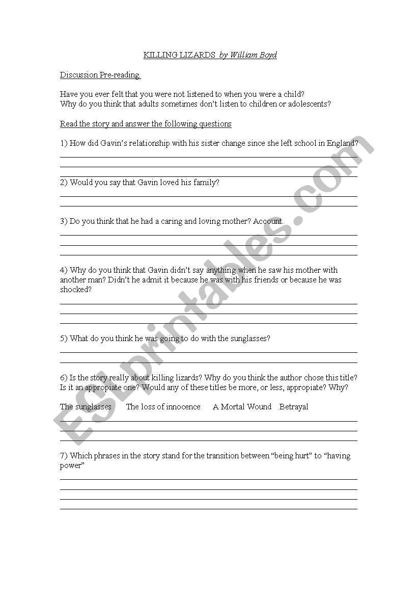 KILLING LIZARDS part 2 worksheet