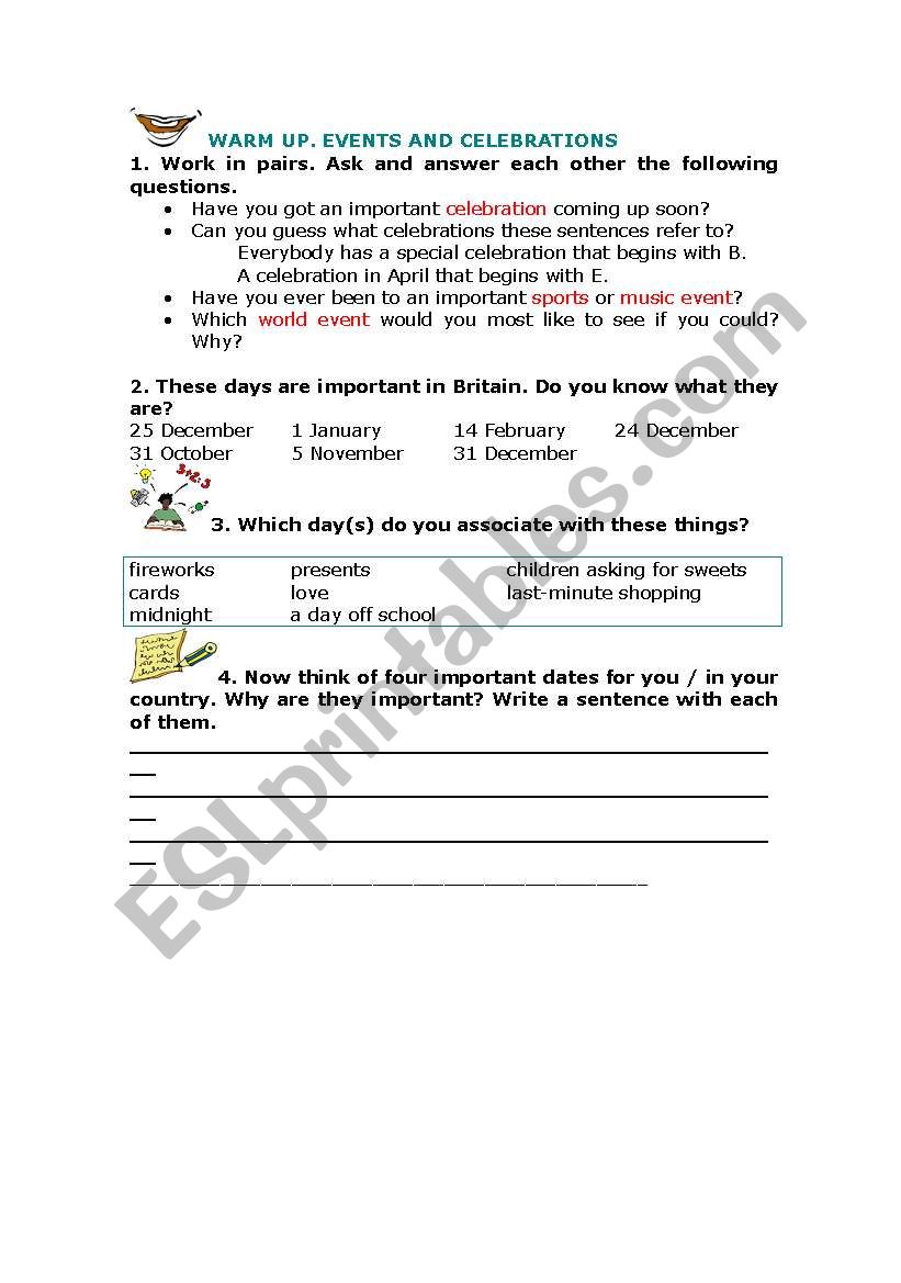 Events and celebrations worksheet