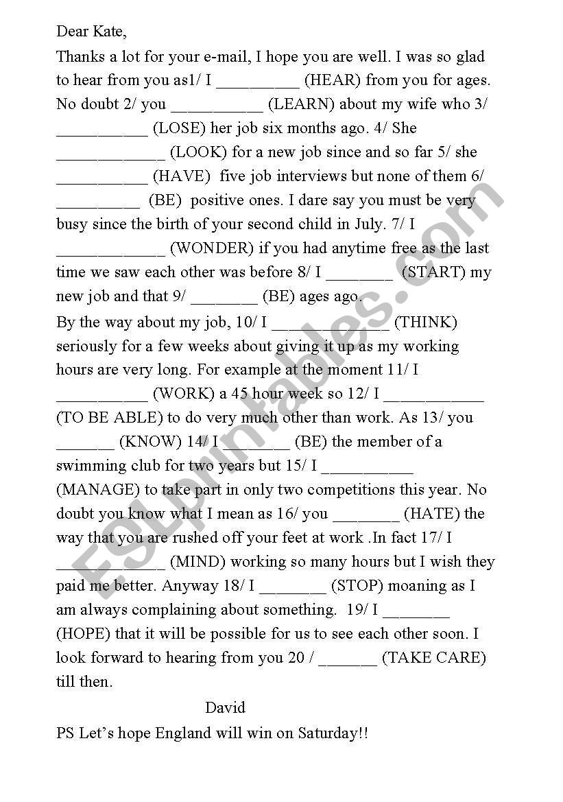 mixed tenses gap fill letter worksheet