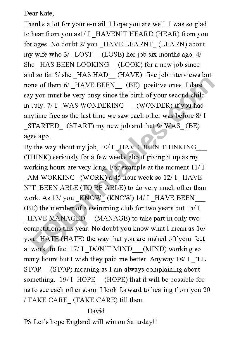 mixed tenses gap fill correction dear Kate