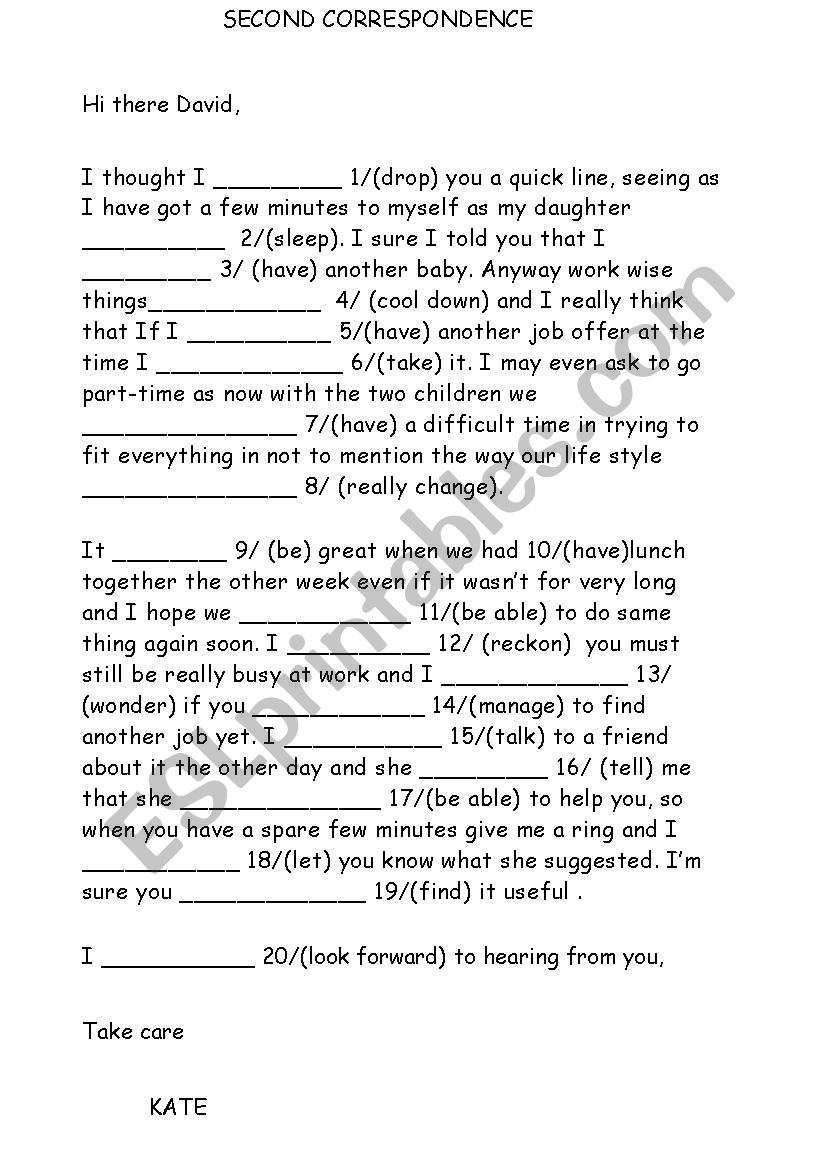 mixed tenses gap fill letter worksheet