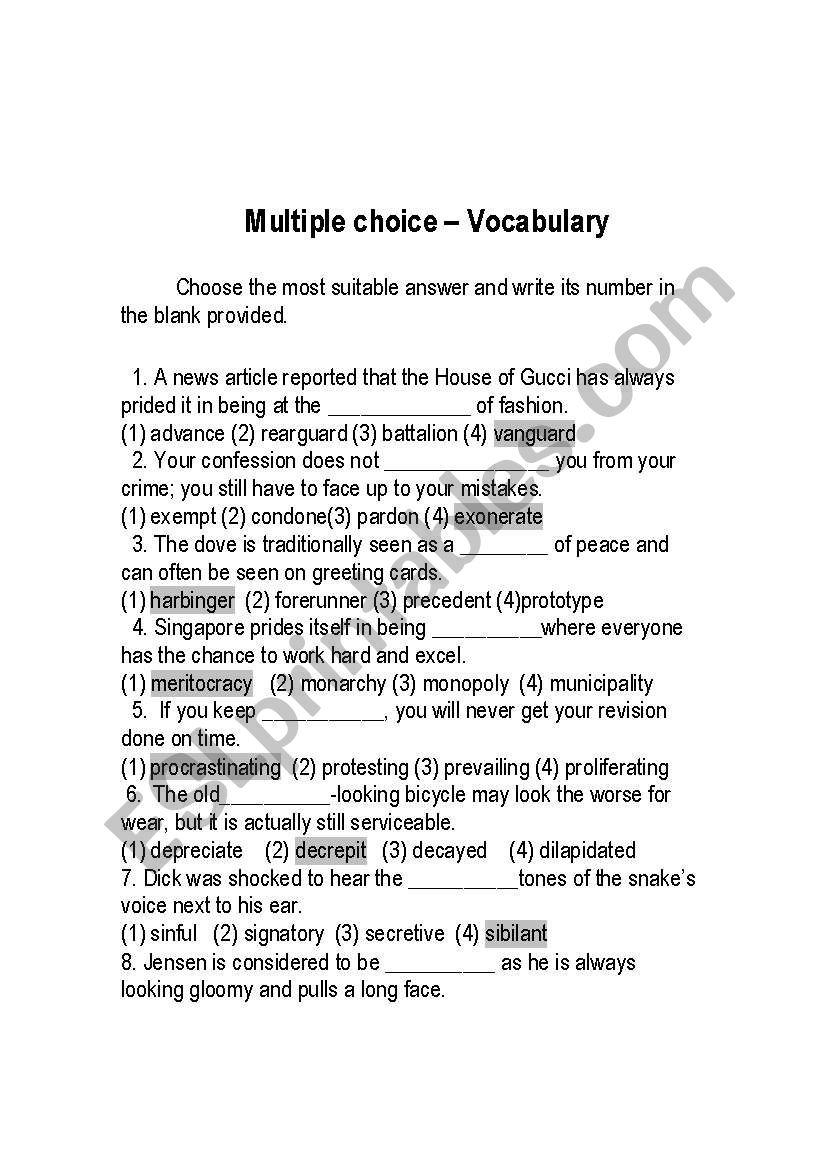 Answer key to Multiple choice vocabulary