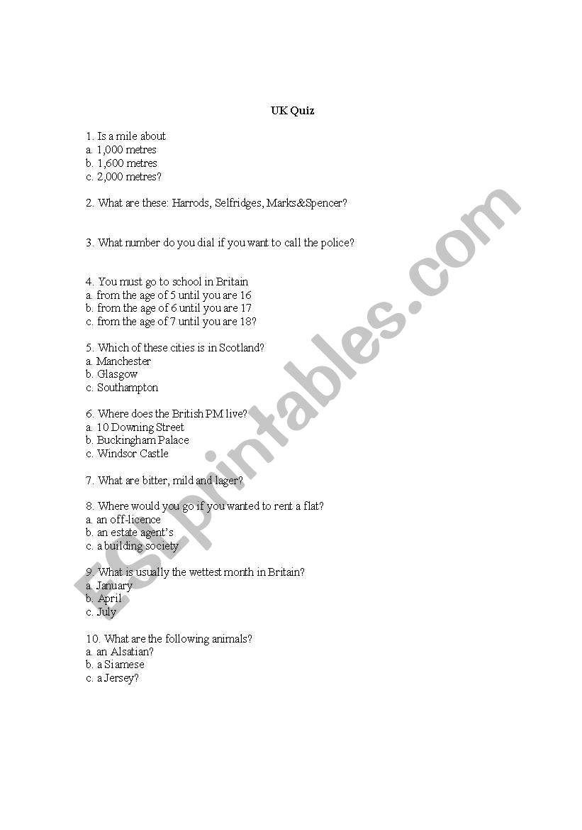 uk quiz worksheet