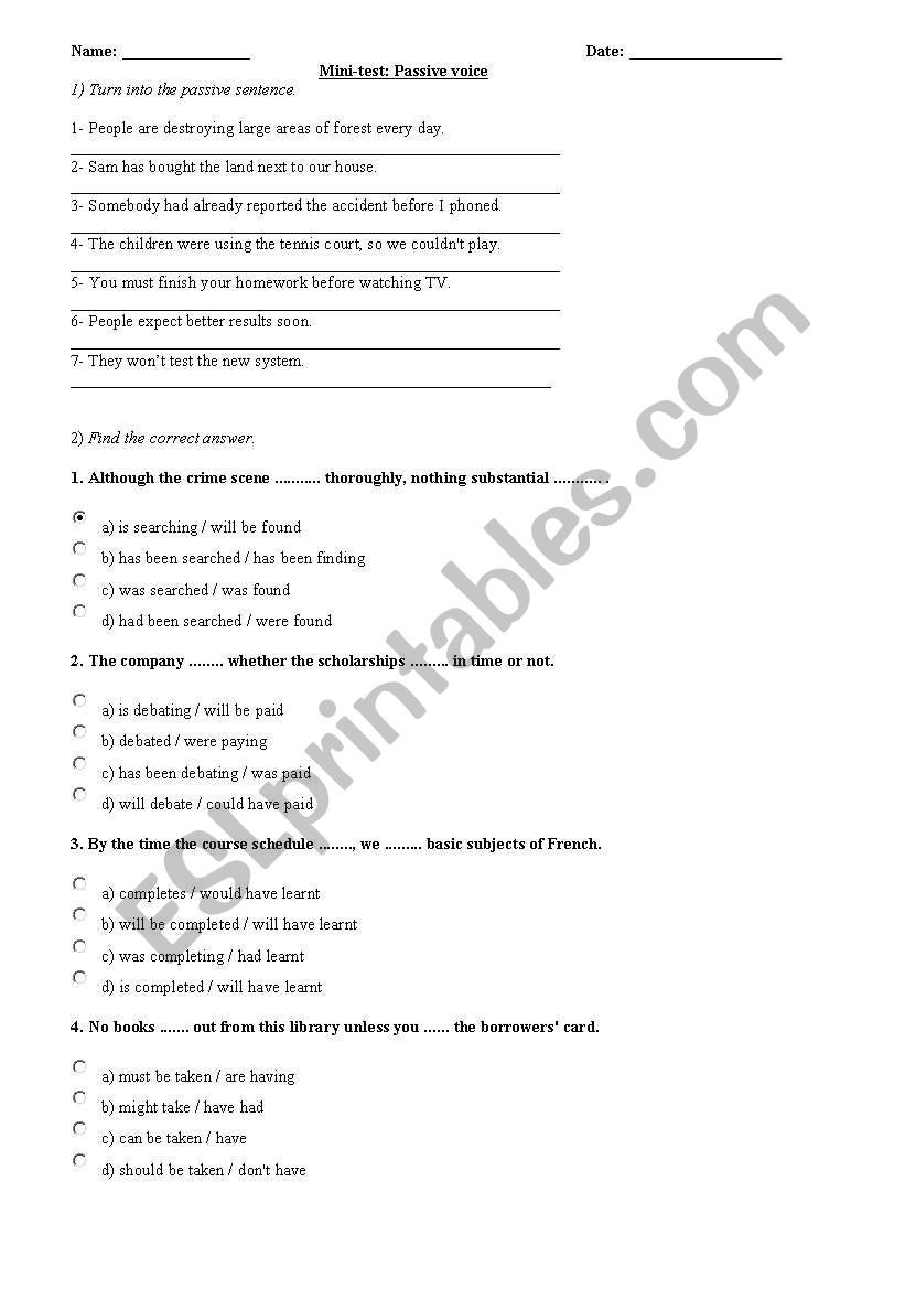 Passive voice test worksheet