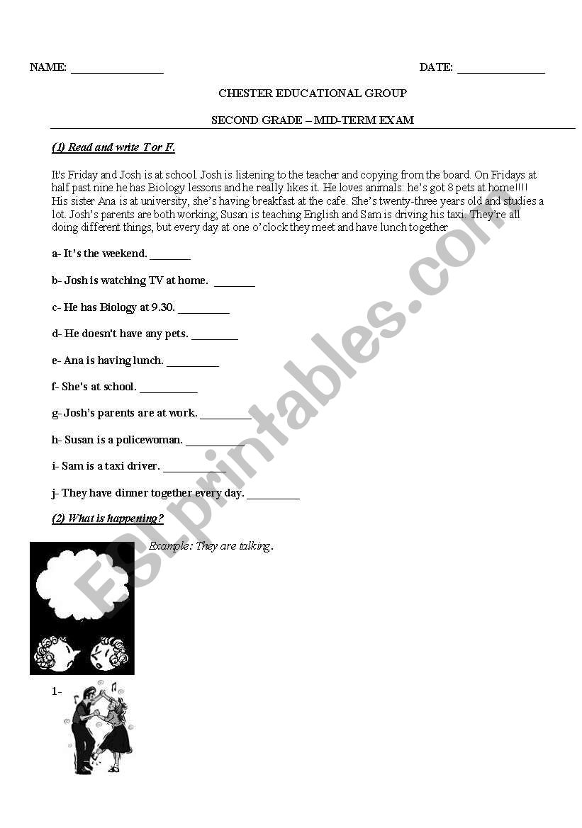 Kids test: Simple present (reading comprehension), the time, commands, present continuous