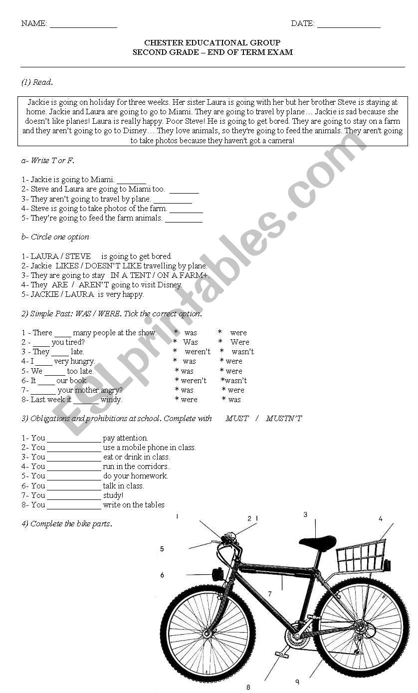 Kids test: going to (reading comprehension), simple past (to be), must/mustnt, mood adjectives, writing (describe Ivanna)