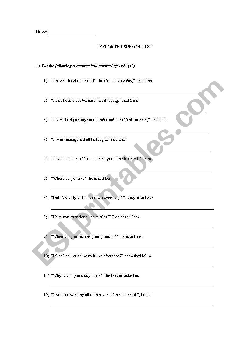 Reported Speech worksheet