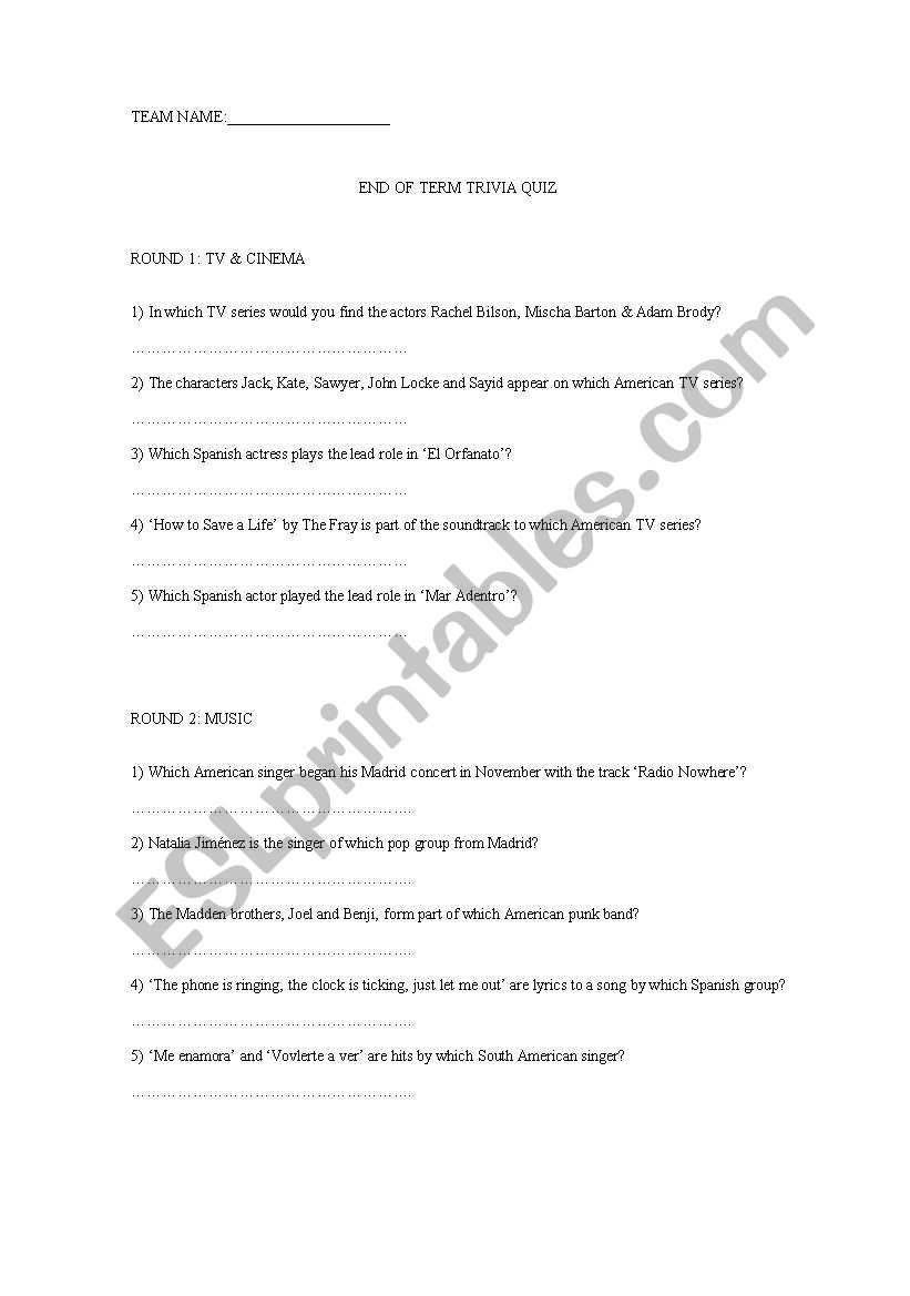 Trivia Team Quiz worksheet