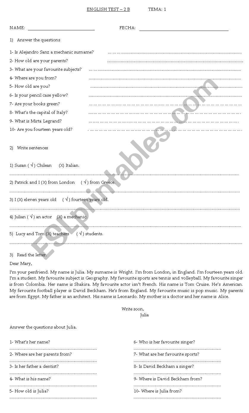 english test worksheet