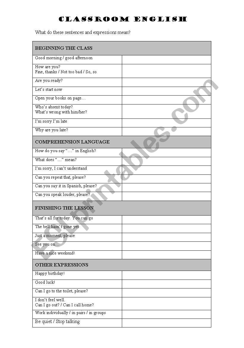 Classroom English worksheet