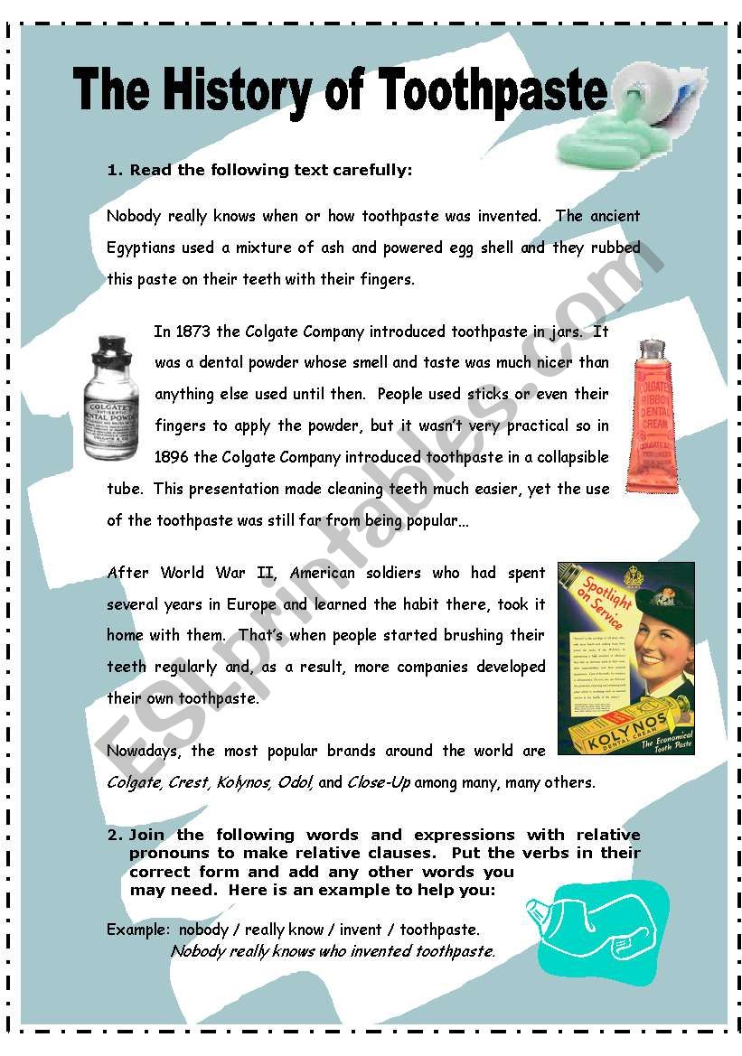 The history of toothpaste - 2 pages + key