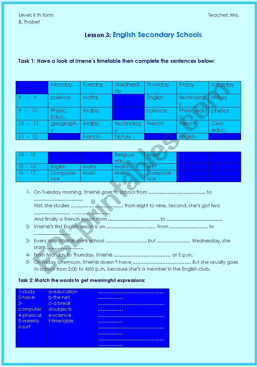 English secondary schools worksheet