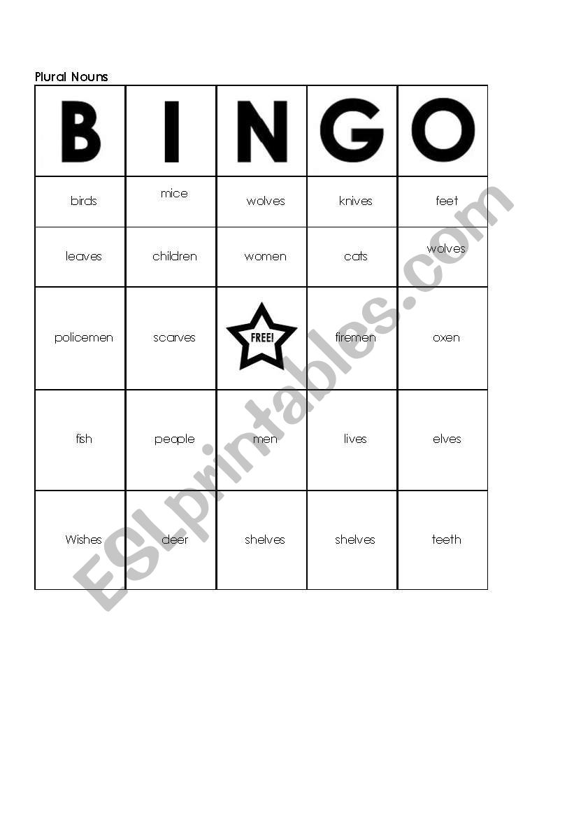 Plural Nouns Bingo (adapted) worksheet