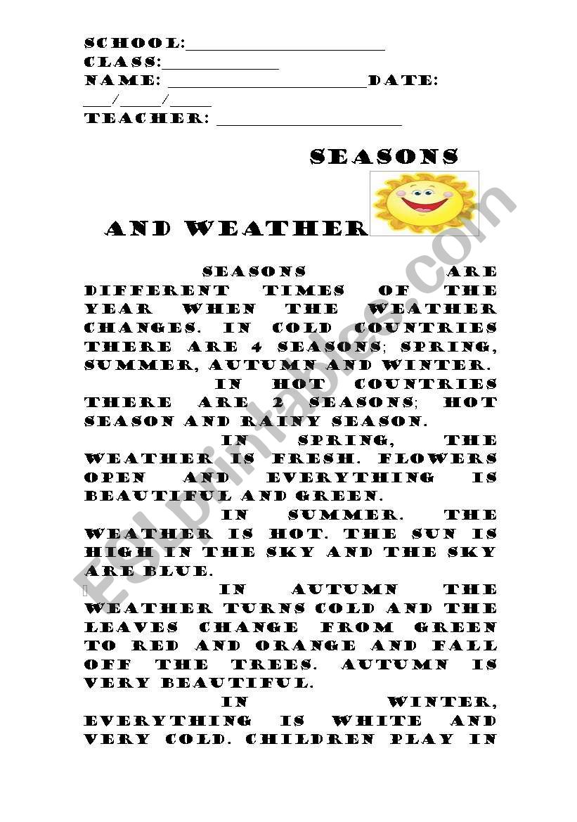 Seasons and the weather worksheet