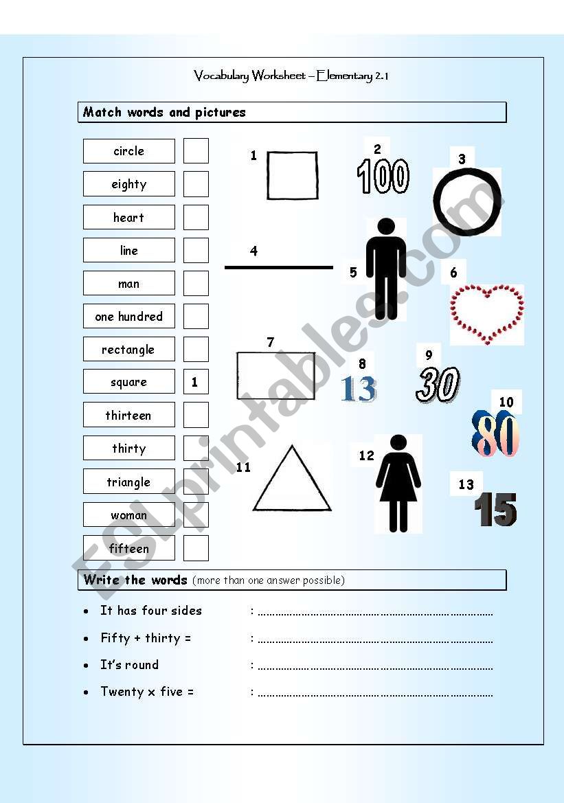 Vocabulary Matching Worksheet - Elementary 2.1