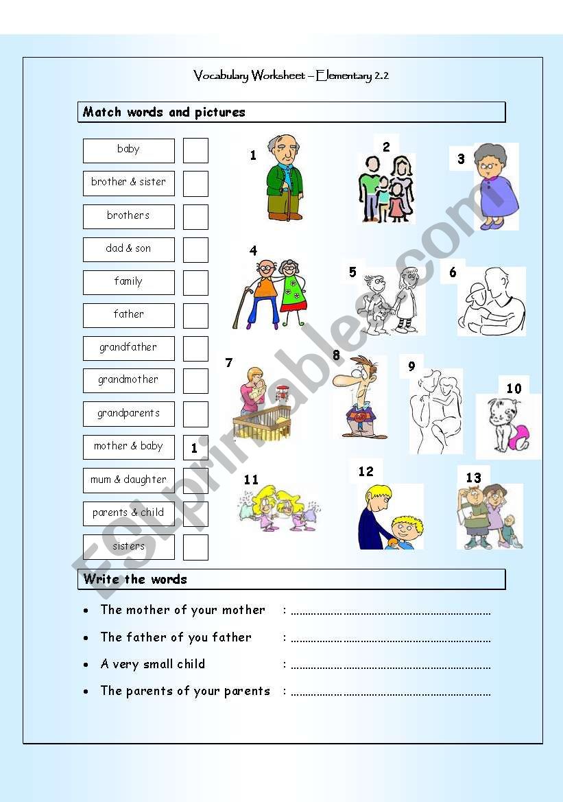 Vocabulary Matching Worksheet - Elementary 2.2 - FAMILY