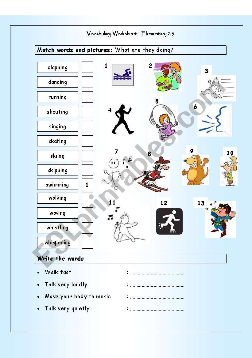 Vocabulary Matching Worksheet - Elementary 2.3 - ACTION VERBS