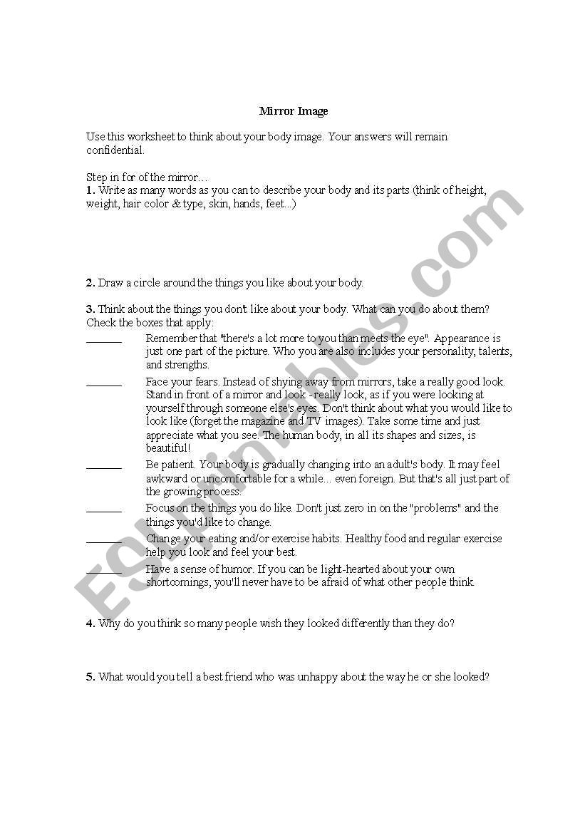 Body Image-Mirror Activity worksheet