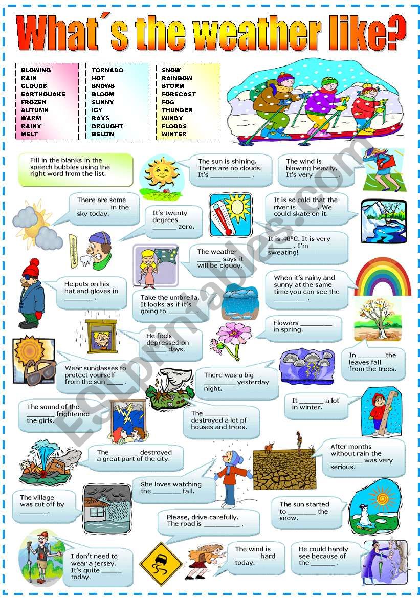 WHATÂ´S THE WEATHER LIKE? -FILL IN THE BLANKS (B&W VERSION INCLUDED)