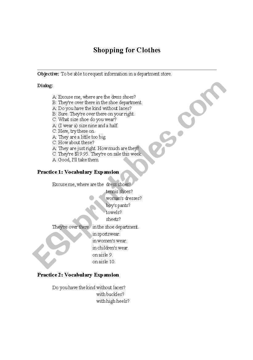 Shopping worksheet