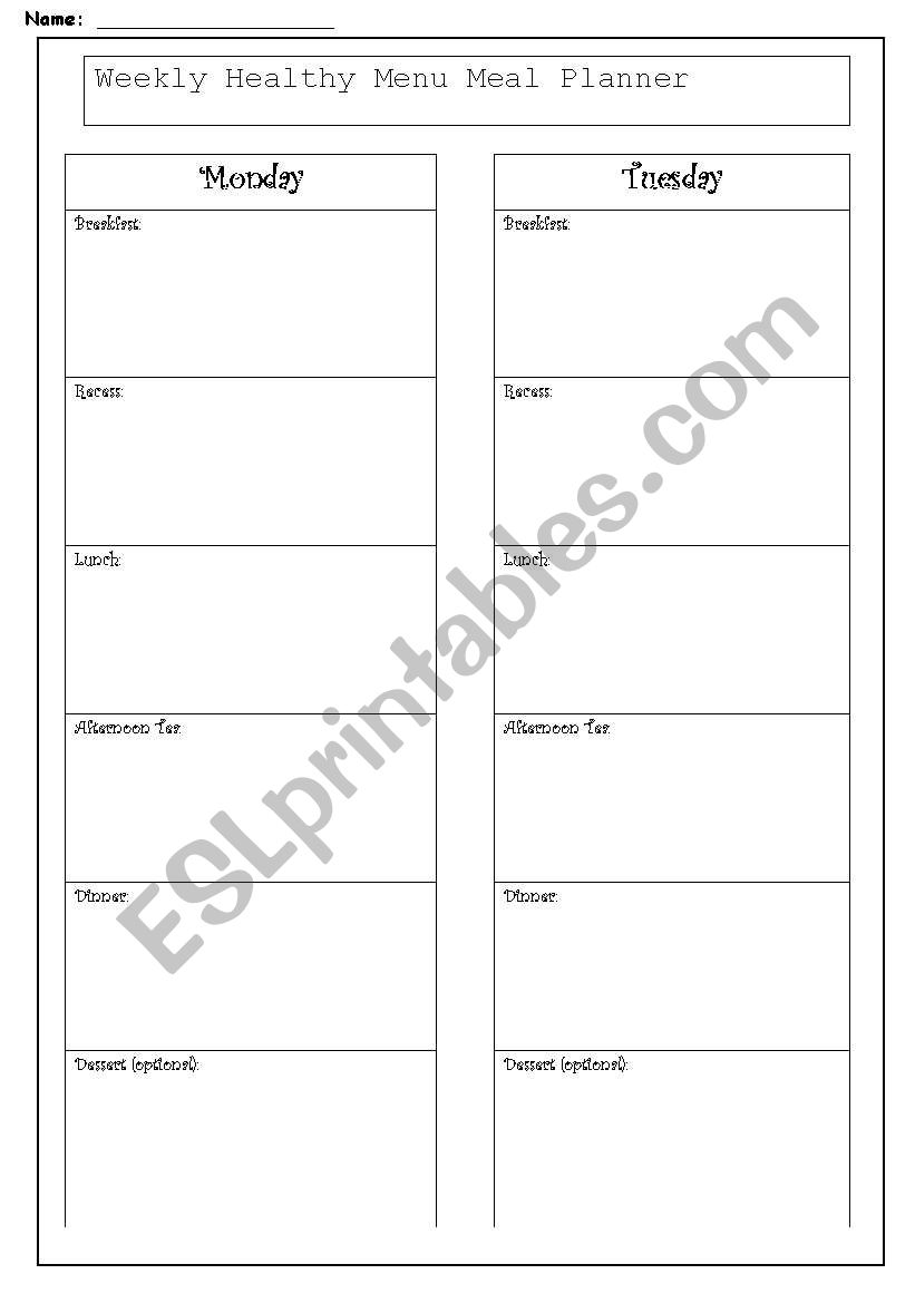 Weekly Menu Planner worksheet