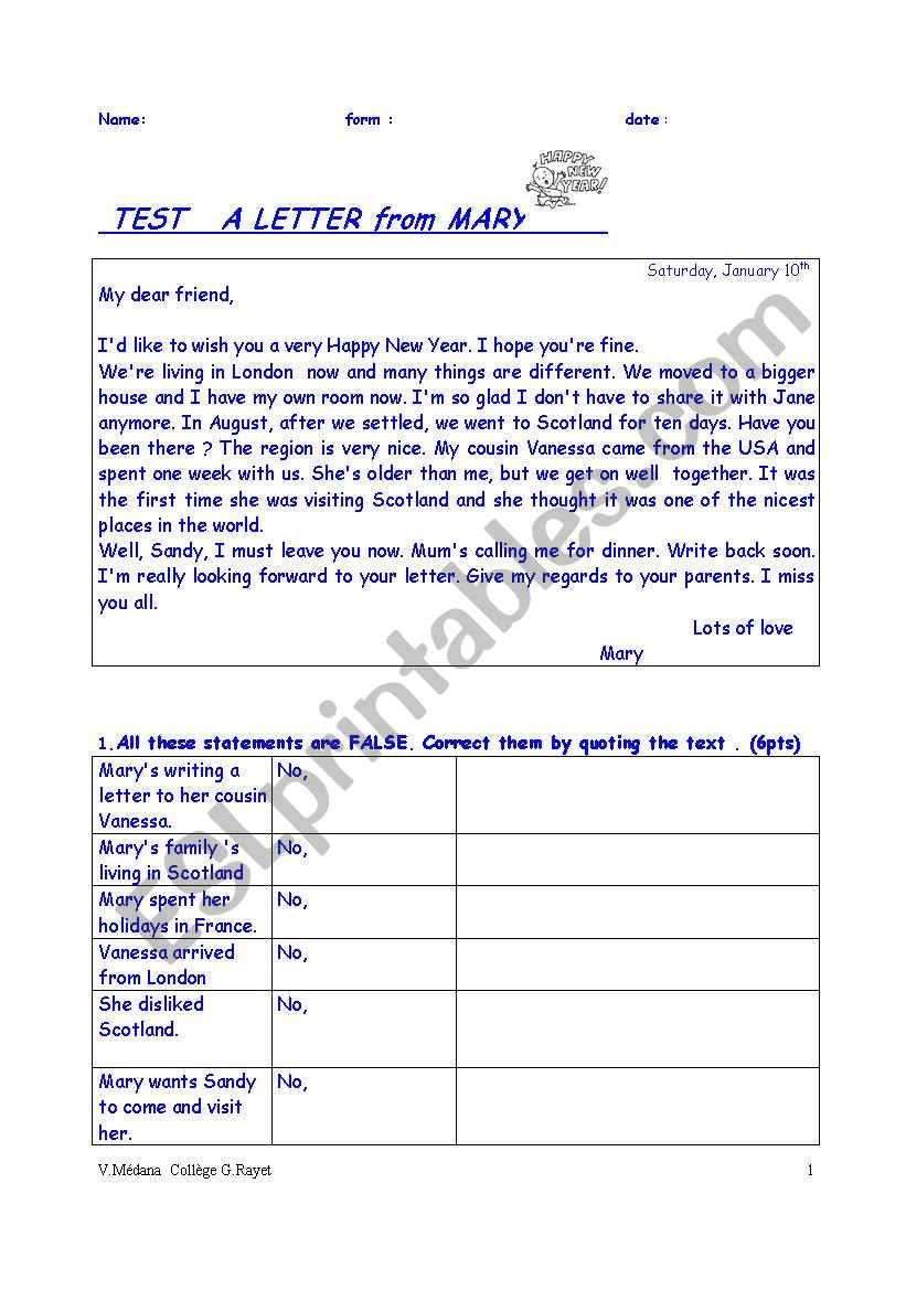 A LETTER FROM MARY : short TEST for intermediate STUDENTS