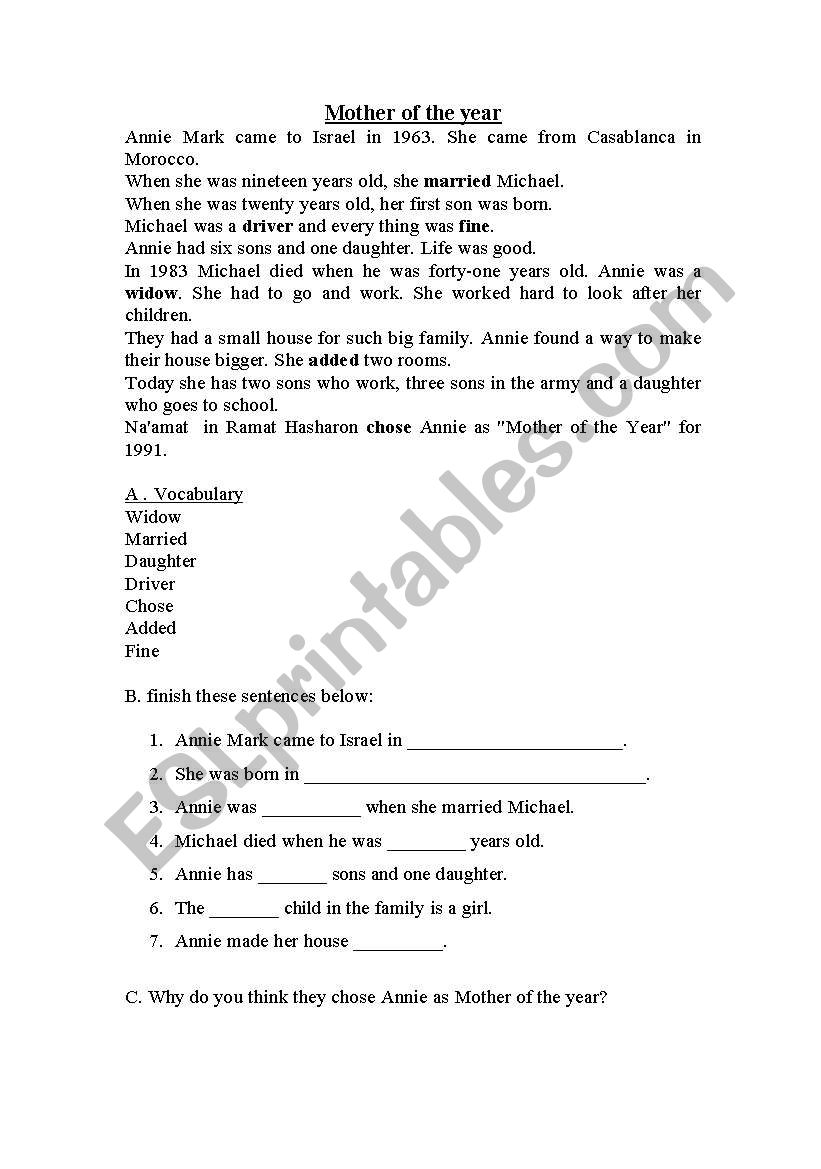 Mother of the year worksheet