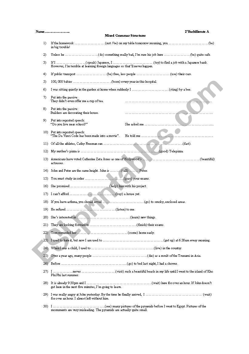 Mixed Grammar Structures worksheet