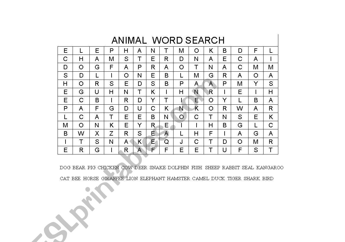 Animal vocabulary wordsearch worksheet