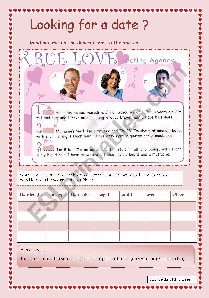 Looking for a true love ? worksheet