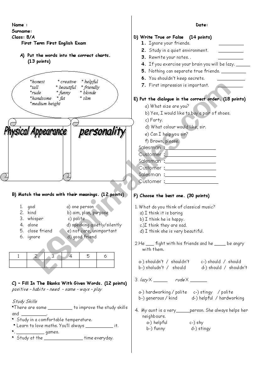 8 th grade first exam worksheet