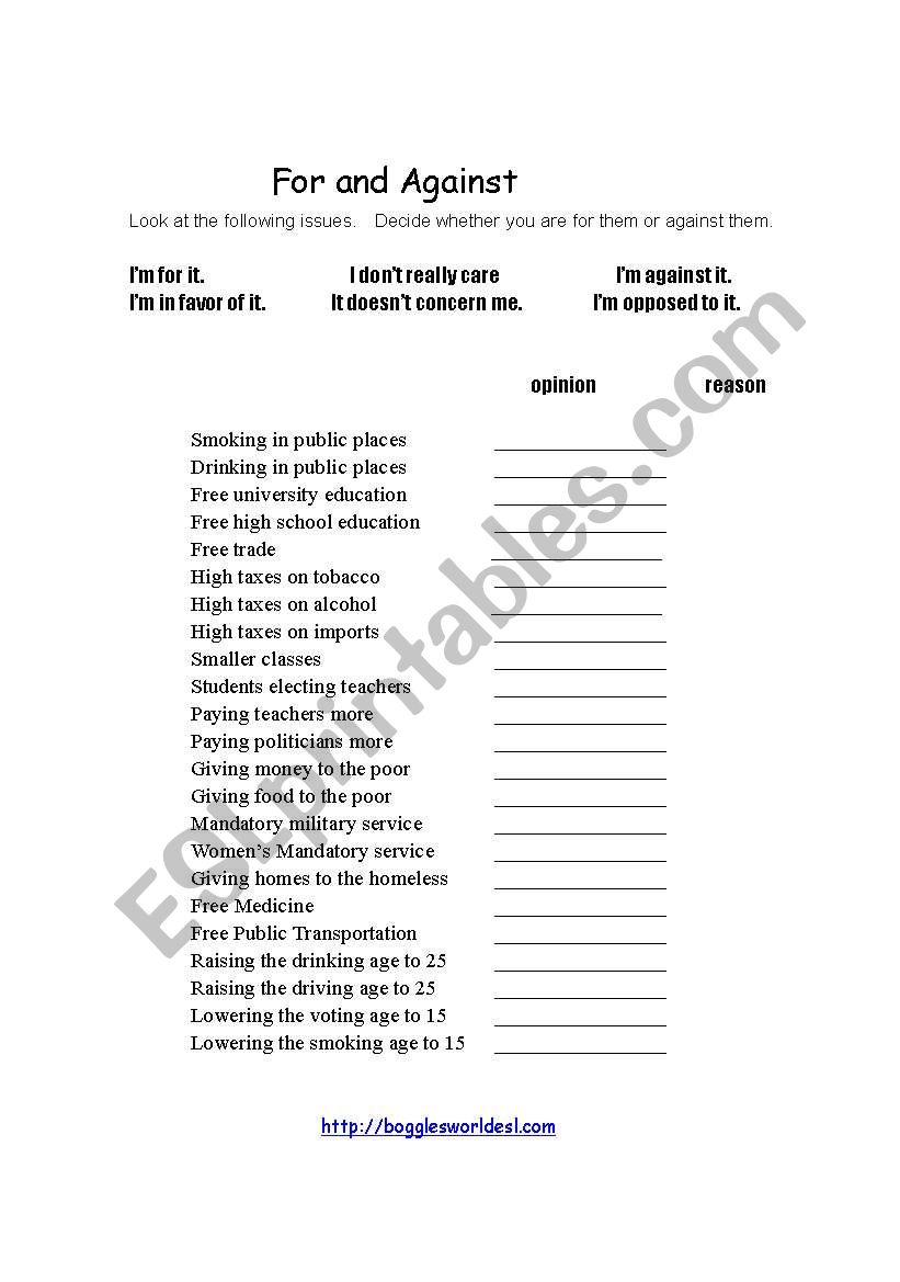 For and against worksheet