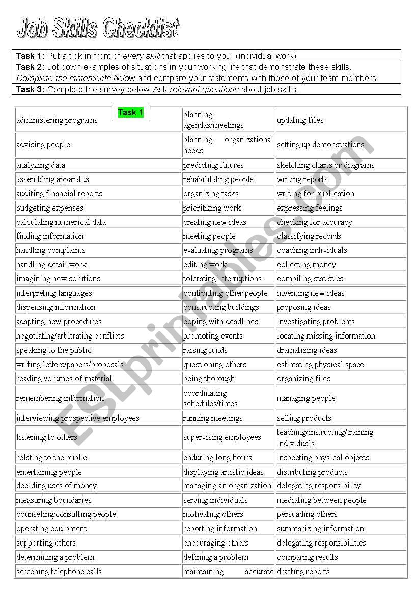 Job Skills Checklist worksheet