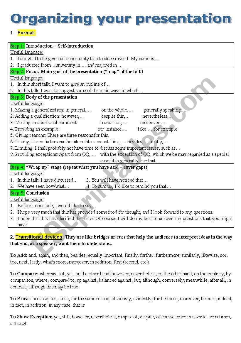 Oral Presentation worksheet