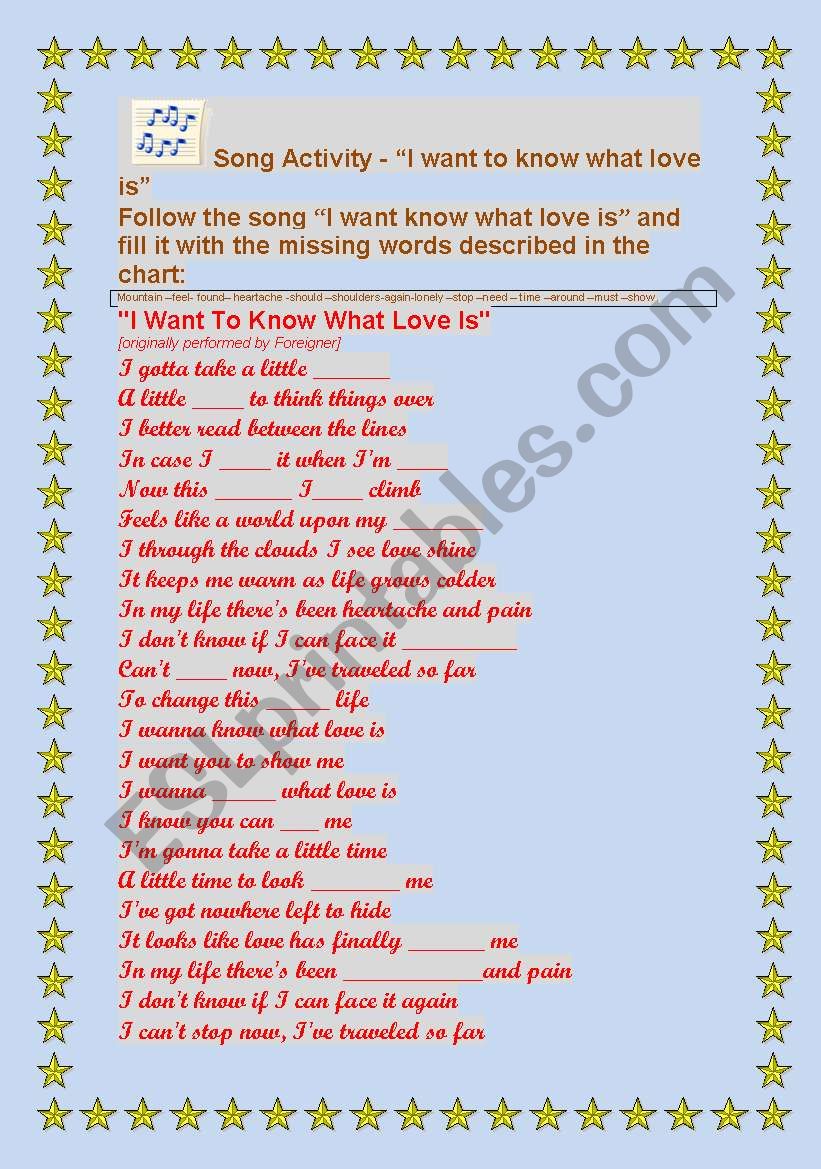 I wanna know what love is - activity with song