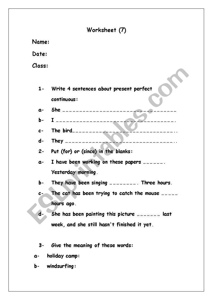 present perfect continuous worksheet