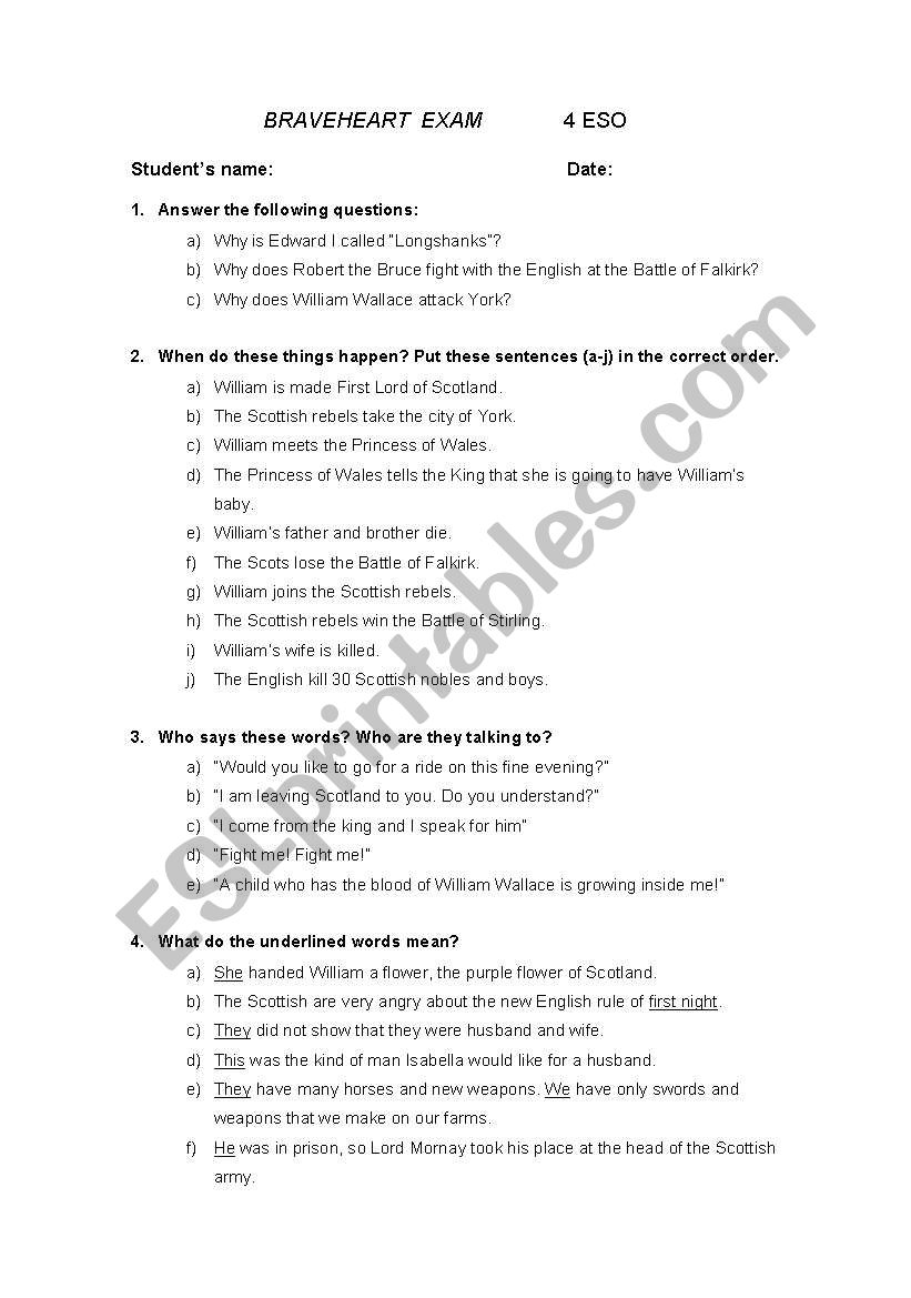 Braveheart reading exam worksheet