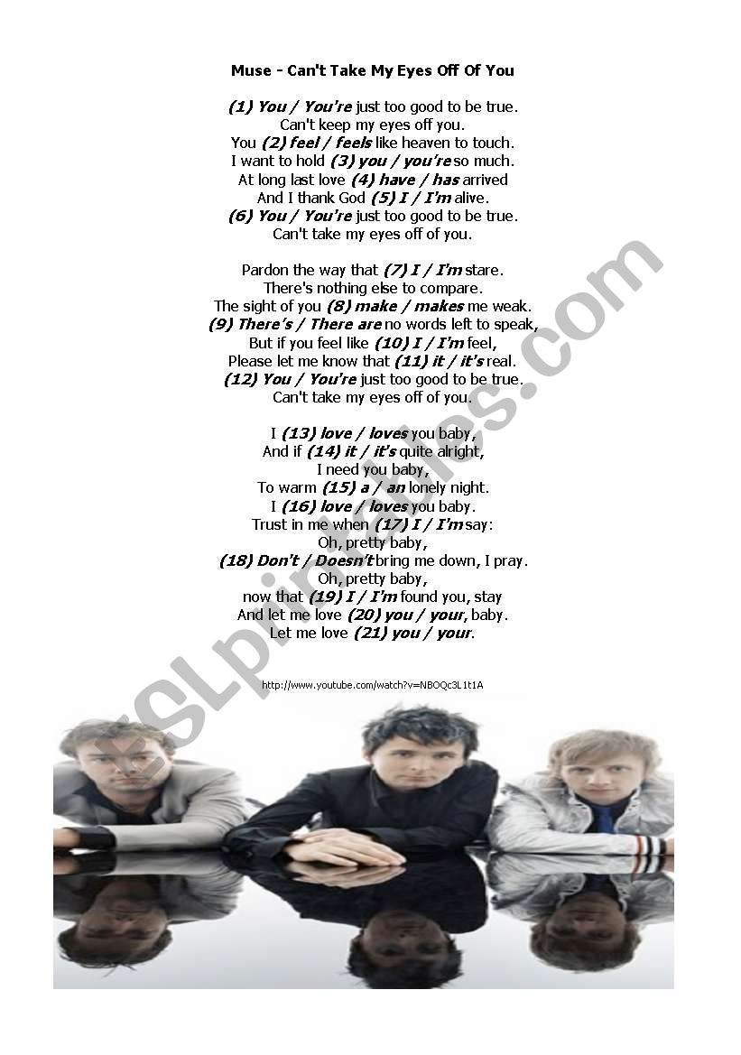 To be (present simple) -- multiple choice exercise - song: CanÂ´t Take My Eyes Off Of You (Muse version!!) - 2 pages