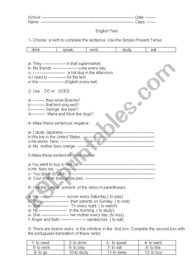 simple present test 6th worksheet