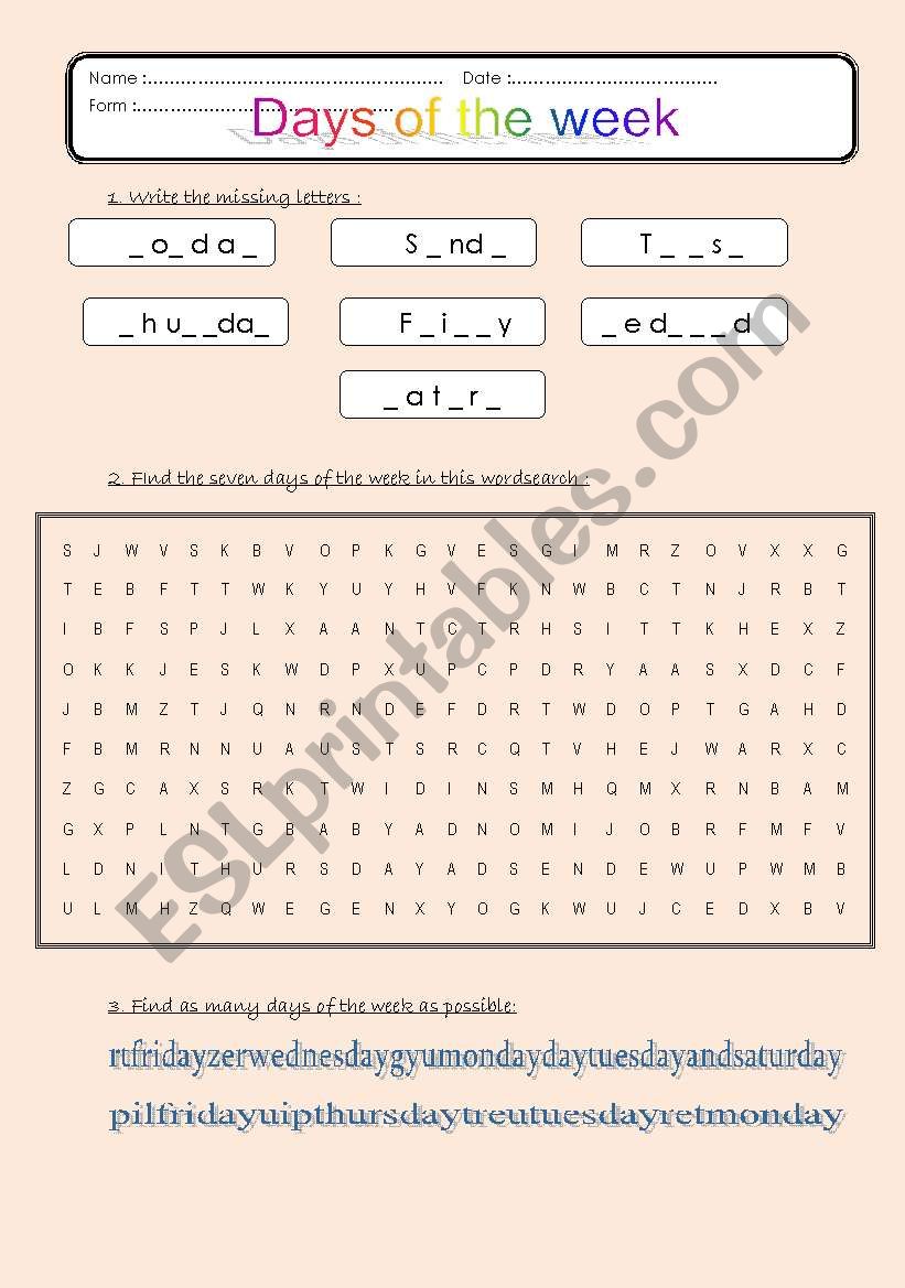 days of the week worksheet