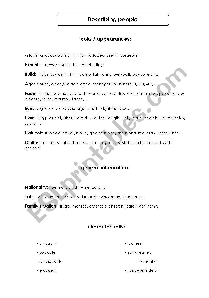 Words to describe people worksheet