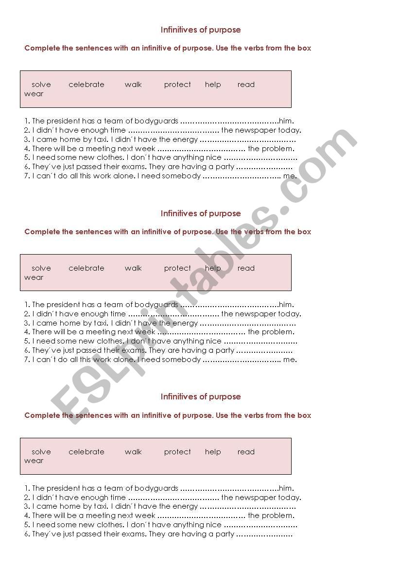 Infinitives of Purpose worksheet