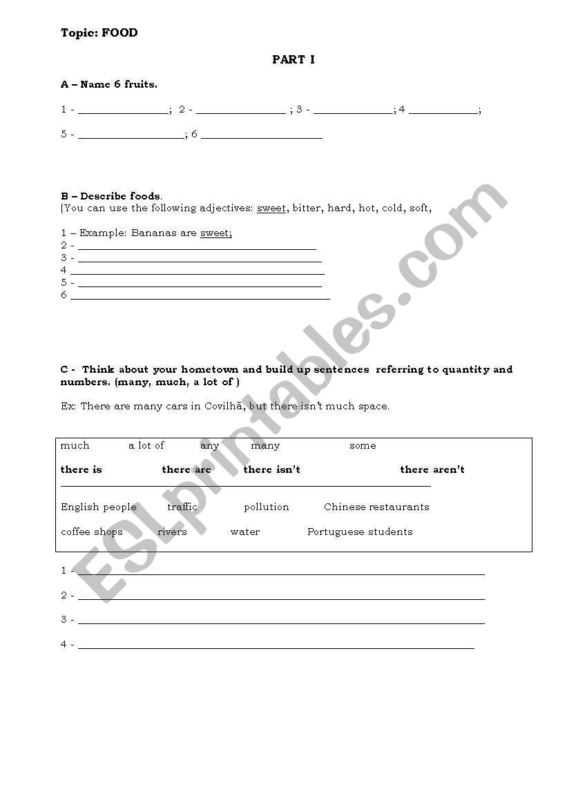 test about food and others worksheet