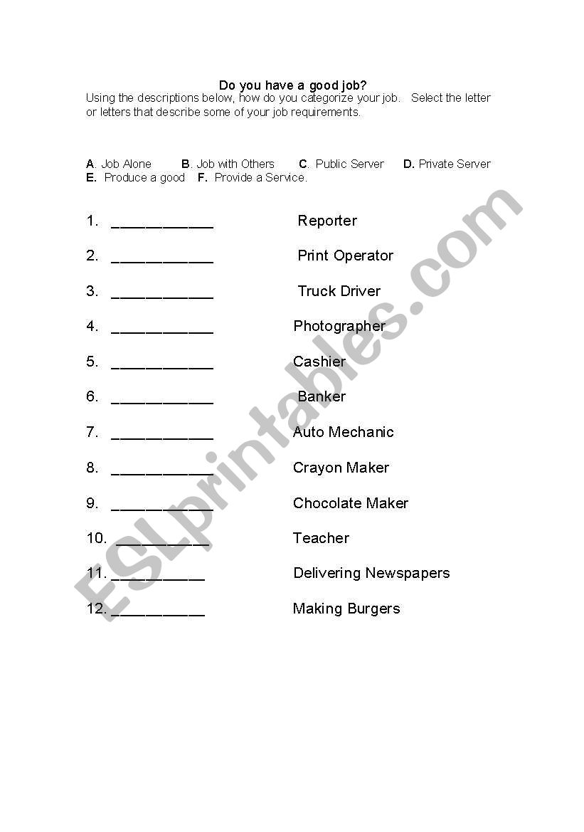Do you have a Good Job? worksheet